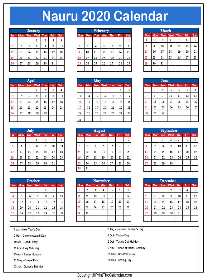 Nauru Printable Calendar 2020